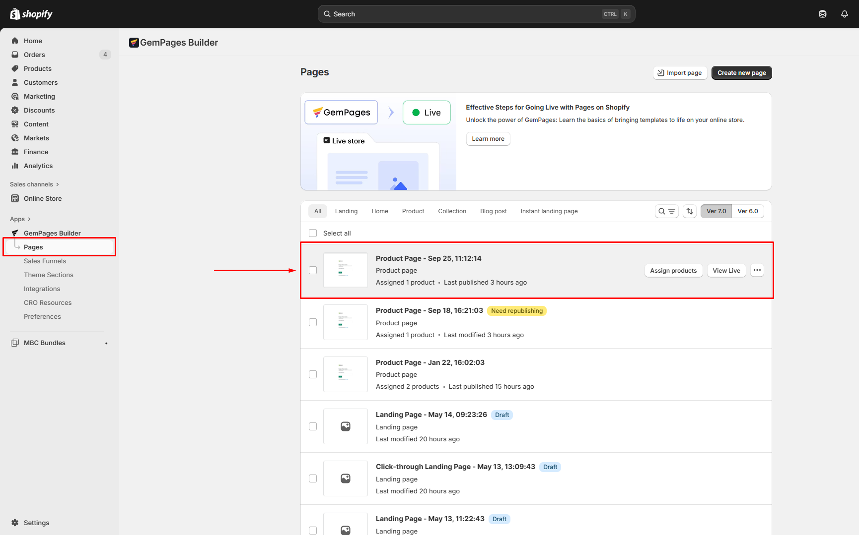 Click on a target page to open the editor