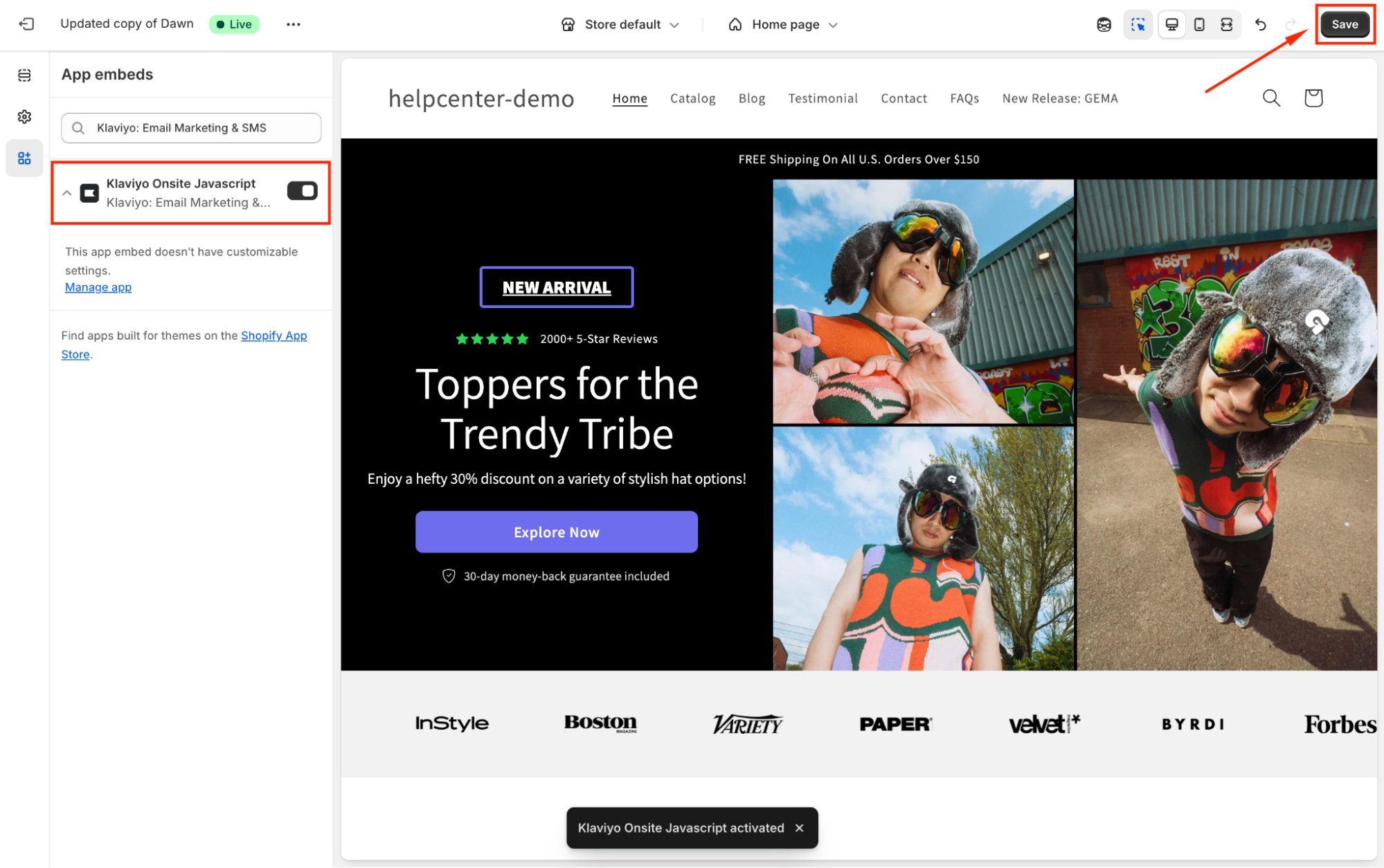 Enable the app embed code