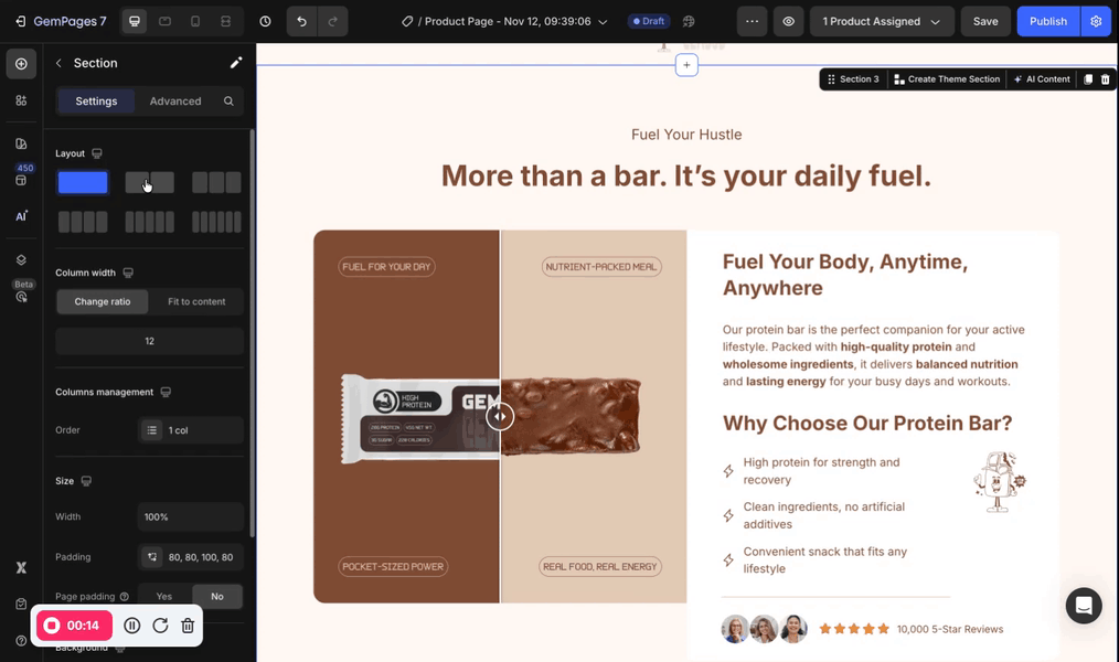 Layout settings of GemPages Section